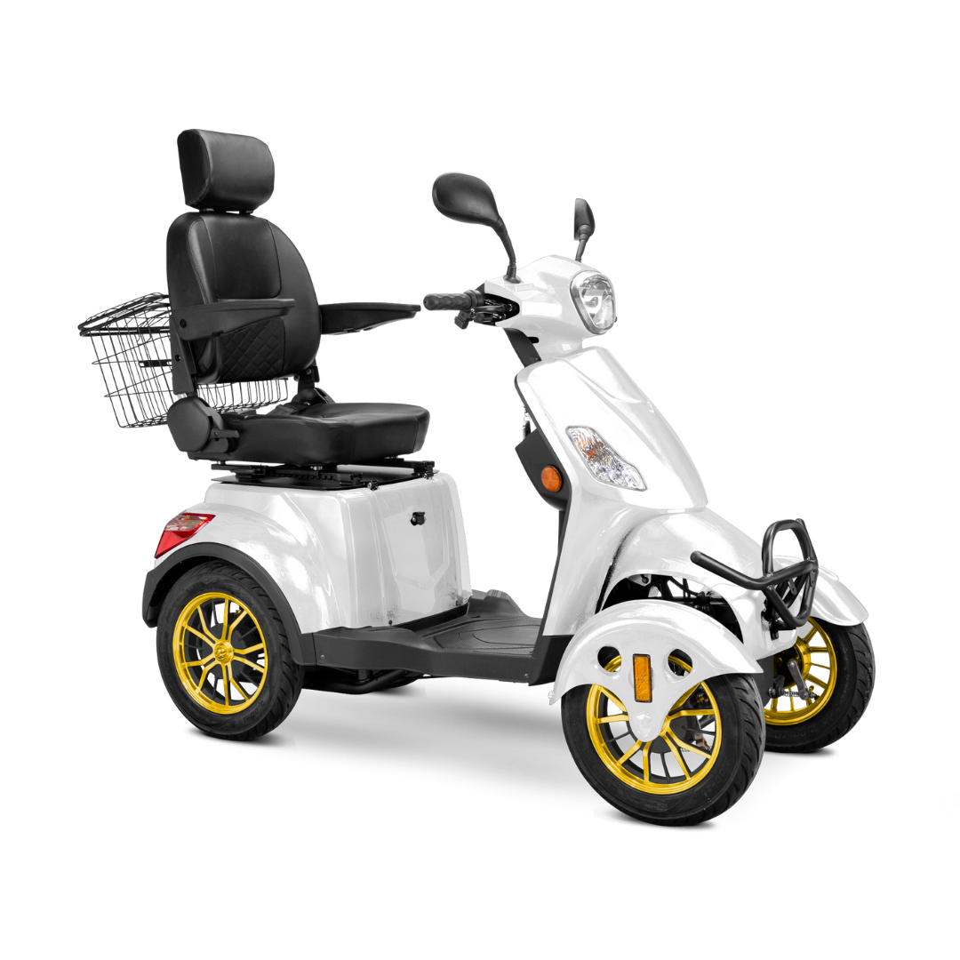 The Bespoke Prestige Recreational 4-Wheel Scooter features a modern white design, gold-accented tires, padded adjustable seat with armrests and headrest, rear metal basket, handlebars, front headlight, and a powerful 600-watt motor.